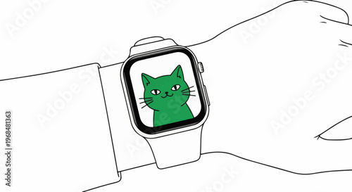 A digital watch displays a cartoon green cat with a smiling face