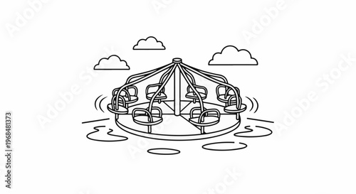 A line drawing of a merry-go-round with chairs and clouds