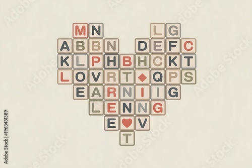 A creative heart shaped word search puzzle with letters and symbols on a beige background