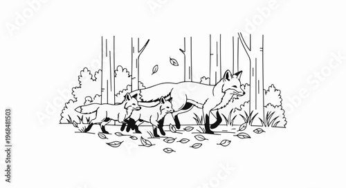 A family of foxes walks through a forest during autumn