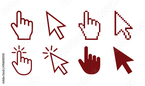 Modern cursor icon set, eight distinct pointer symbols for web design and user interface, digital navigation vector collection, click and select graphic elements.