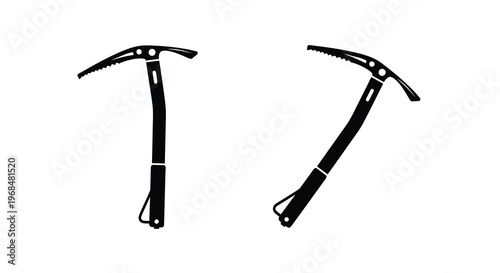 Two black ice axes displayed against a white background silhouette