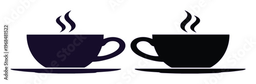 Two steaming coffee cups vector illustration, dark black and deep purple mugs on saucers, hot beverage icon set for cafe menus and morning drinks