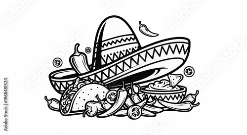 A festive sombrero sits atop a vibrant spread of Mexican food and chilies