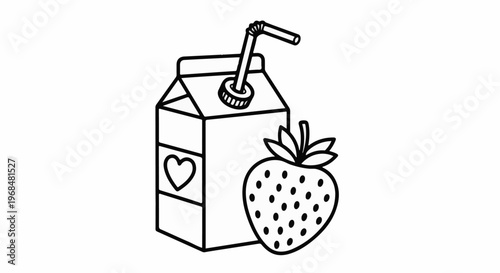 A line drawing shows a carton of juice with a straw and a strawberry
