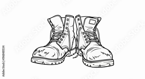 A line drawing shows a pair of rugged, laced-up work boots on a white background