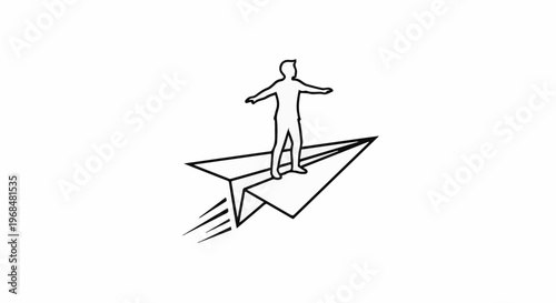 A figure stands with arms outstretched on a paper airplane in flight