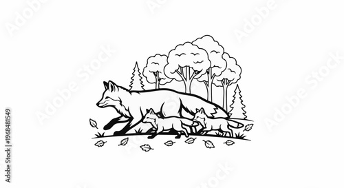 A family of foxes, mother and cubs, running through an autumnal forest