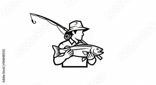 A fisherman proudly displays his large catch, a fish, while holding a rod