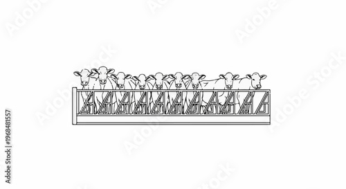 A line of cows are peeking over a feeder in an illustration