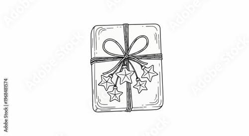 A line drawing of a wrapped gift box with a bow and star ornaments