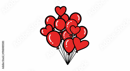 A festive bunch of red balloons, some heart-shaped, float upward against a white background