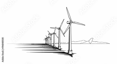 A line of wind turbines casting long shadows on a landscape