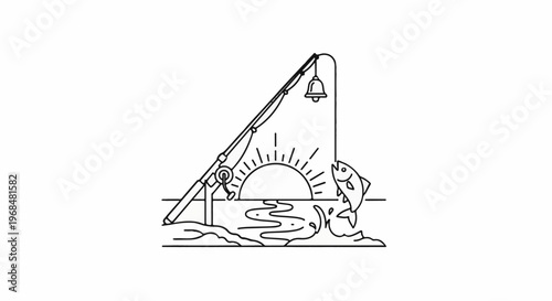 A fishing rod, sun, and jumping fish silhouette