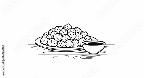A pile of round, dotted snacks rests on a plate with a dipping sauce