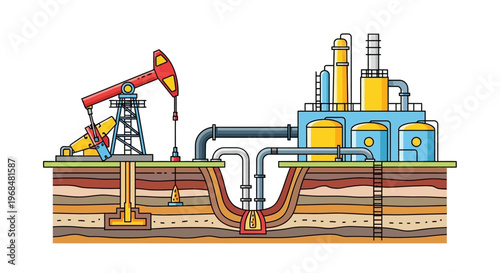 Visual explanation of the complete oil extraction and refining process, featuring a pumpjack rig drawing crude from geological layers to an energy processing plant