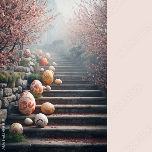 Easter eggs on stairs with blooming trees in a spring garden scene