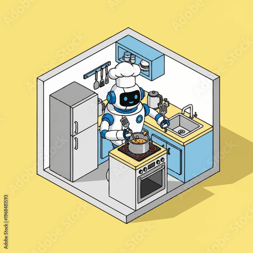 Robot chef cooking in kitchen interior.