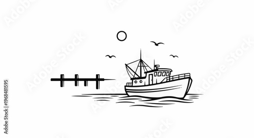 A fishing boat sails on the water near a pier under a bright sun