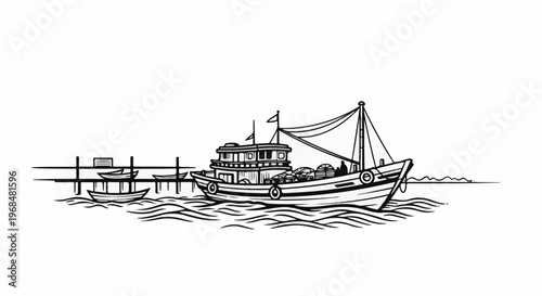 A fishing boat with a docked pier and smaller boats in the water