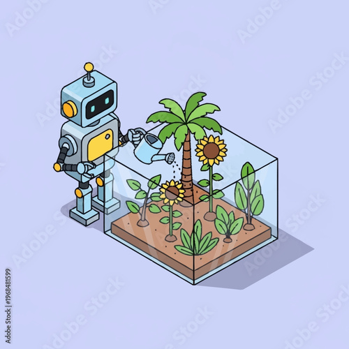 Robot nurturing plants in a glass box.