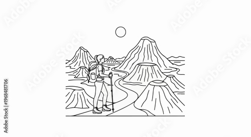 A lone hiker traverses a surreal, volcanic landscape under a bright sun