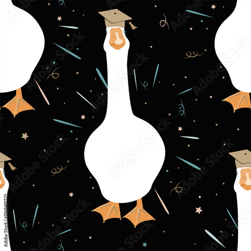 Cute graduate goose seamless pattern. Graduation funny background. Vector illustration