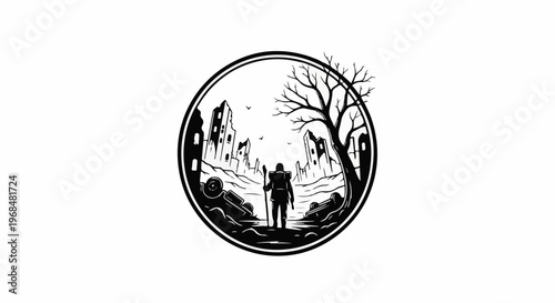 A lone figure stands in a ruined cityscape within a circular frame