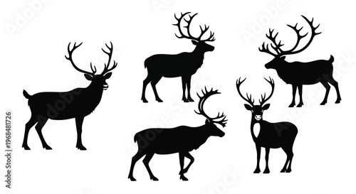 A collection of reindeer in various poses a striking black silhouette