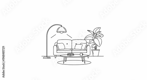 A black and white line drawing of a cozy living room with a sofa, floor lamp, and plant