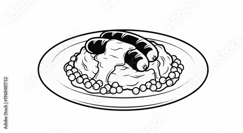 A plate of mashed potatoes topped with sausages and surrounded by peas