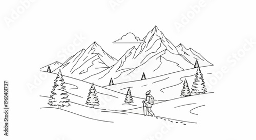 A lone hiker walks through snowy mountains with pine trees