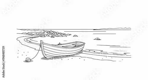 A lone rowboat rests on a pebbled shore beside calm waters