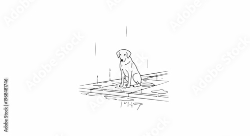 A lonely dog sits patiently in the rain on a wet, tiled surface