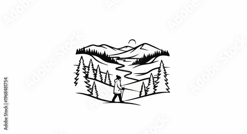 A lone skier stands amidst a winter mountain landscape under a setting sun