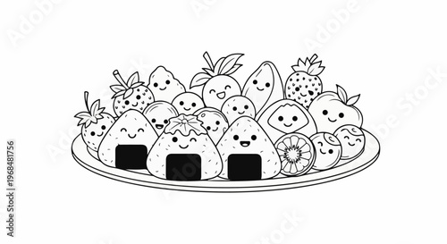 A platter of happy, smiling, kawaii-style food items, including onigiri and fruits