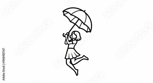 A playful girl in a skirt leaps joyfully holding an umbrella above her