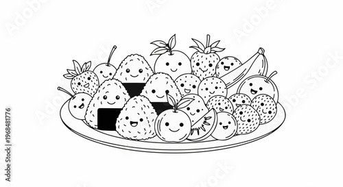 A plate of cute, smiling fruits and rice balls with black seaweed decorations