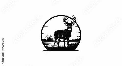 A majestic buck stands tall at sunrise by a serene lake