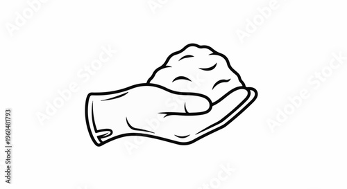 A gloved hand holds a pile of granular material with curved lines on its surface