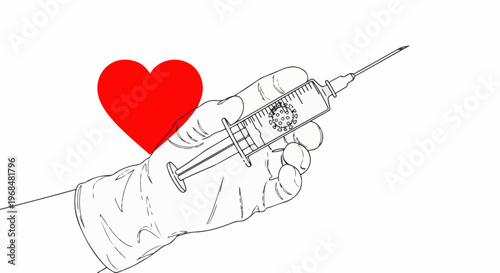 A gloved hand holds a syringe with a virus image inside, beside a red heart