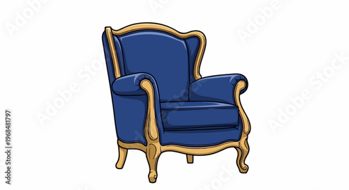 A plush blue armchair with ornate golden trim