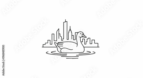 A goose swims in rippling water with a city skyline behind it