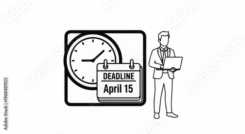 A man in a suit holding a laptop next to a clock and a calendar indicating a deadline