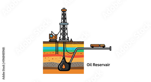 Illustration of an oil rig drilling into an underground oil reservoir with extracted crude oil being transported through a pipeline