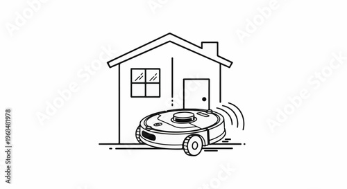 A robotic vacuum cleaner is depicted in front of a house