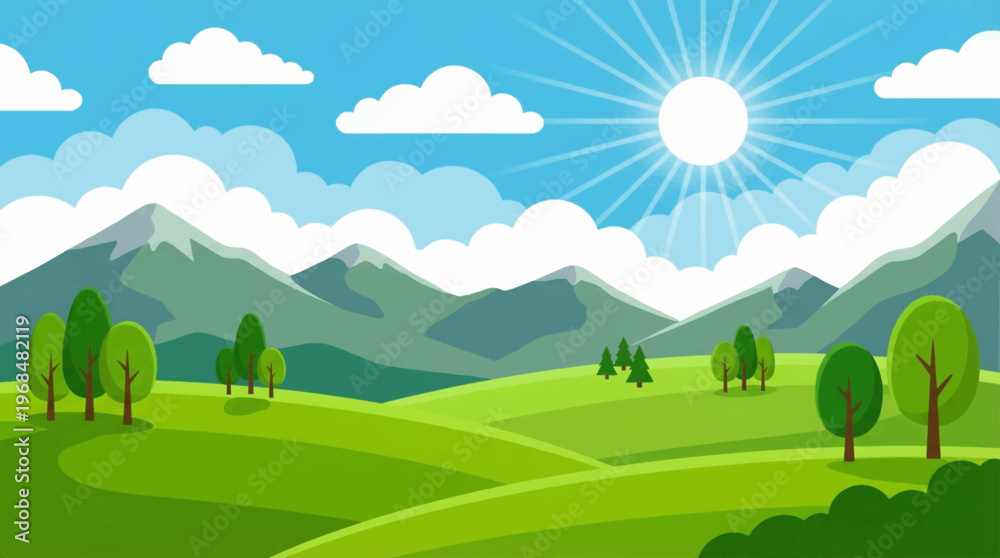 Fototapeta premium Green landscape with sunny sky.