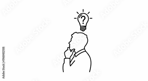 A man's silhouette contemplates a lit bulb with a question mark inside