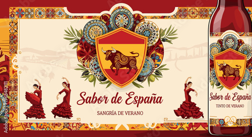 Vibrant Spanish Sangria bottle label featuring a bull emblem, flamenco dancers, and traditional decorative elements, celebrating the taste of Spain.