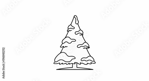 A simple line drawing of a conical evergreen tree covered in snow